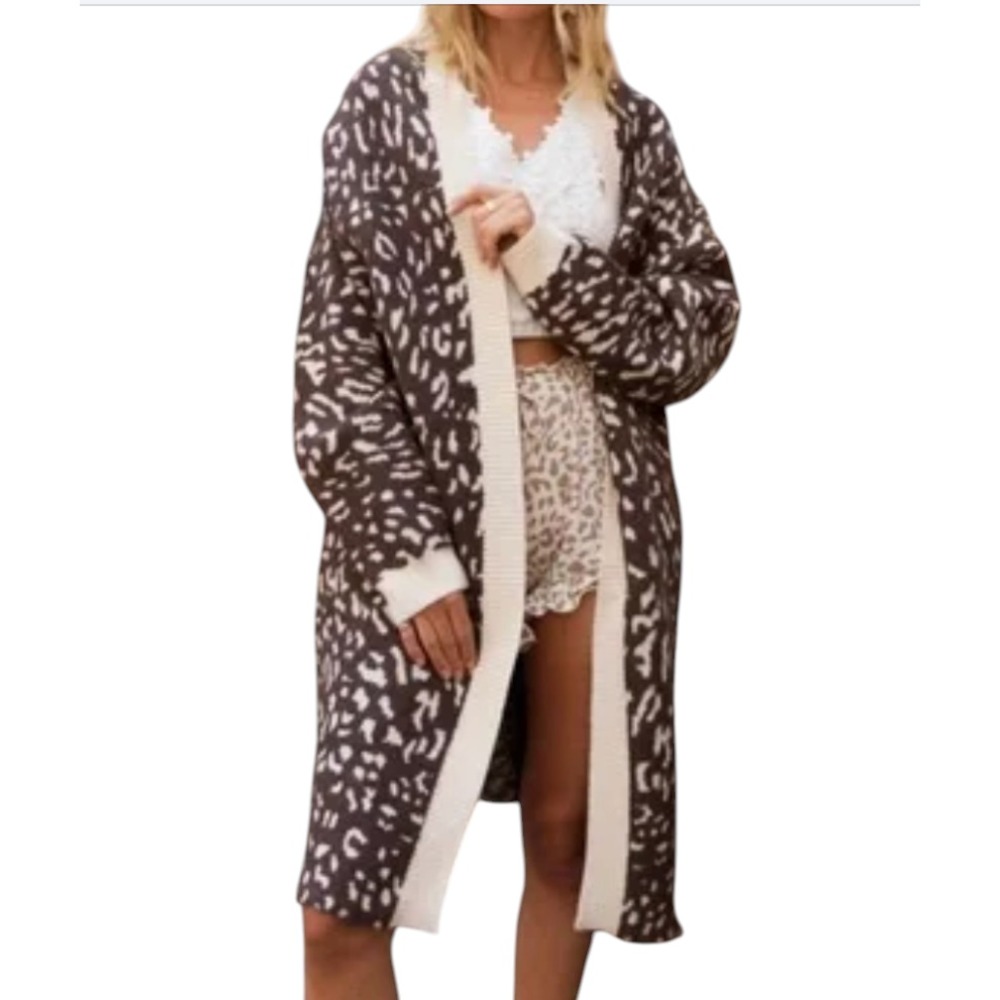 POL Super Soft COZY OPEN SWEATER CARDIGAN Long Plush BROWN ANIMAL PRINT Kimono S